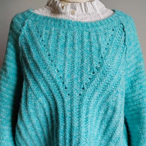 Free People Puff Sleeve Fuzzy Oversized Cropped Sweater Turquoise Colorful Sz M - Picture 5 of 13